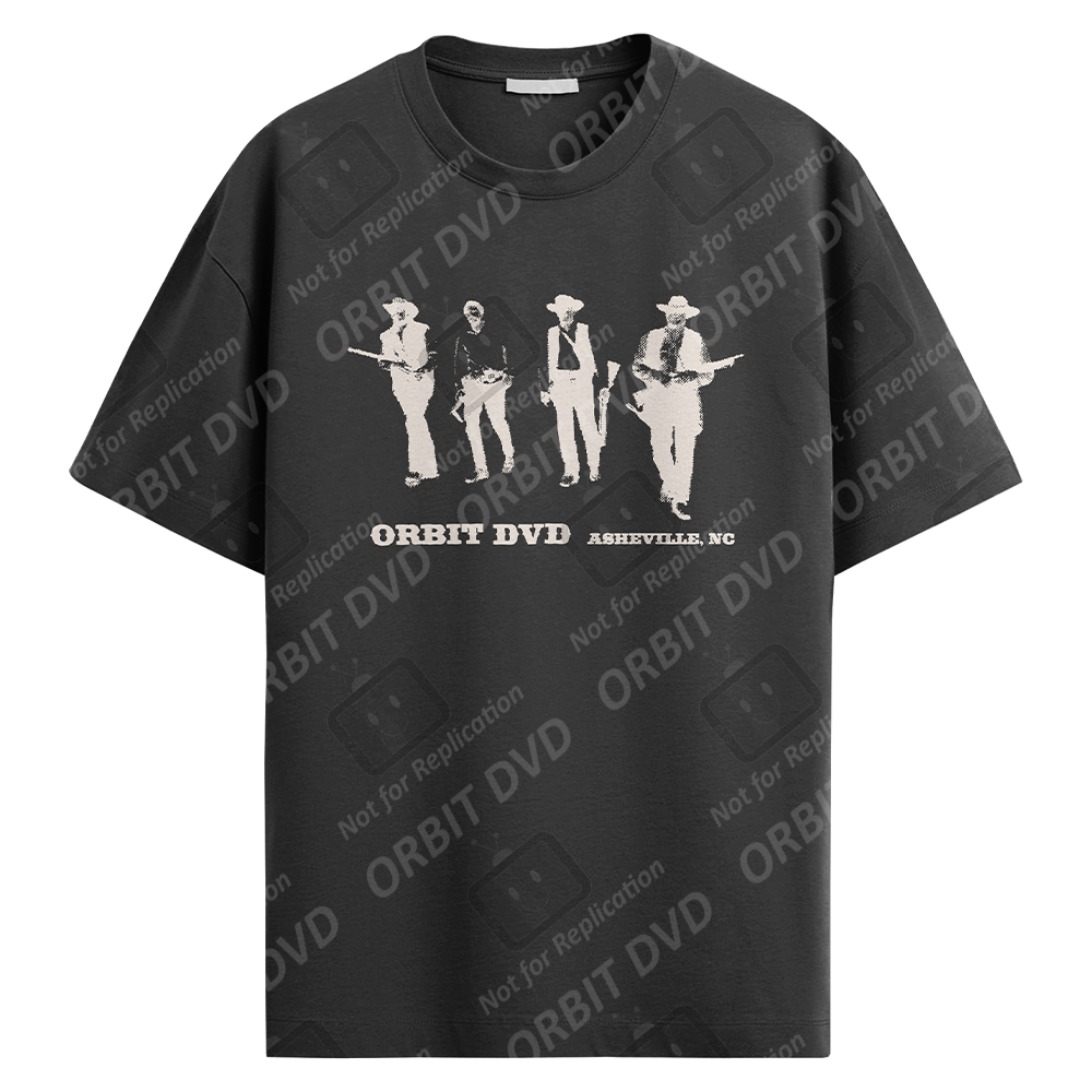 Charcoal grey cotton-blend t-shirt featuring a white graphic of four figures and Orbit DVD Asheville, NC branding.