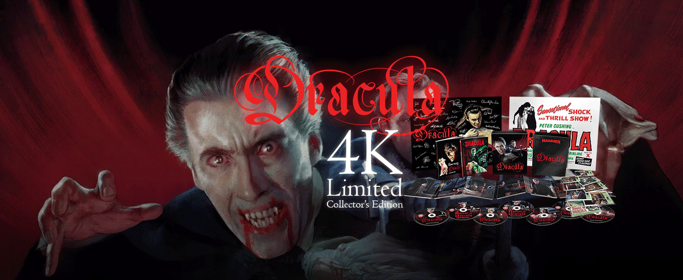 Dracula 4K Limited Collector's Edition cover art featuring a dramatic portrait of Dracula with red blood on his face, large hands, and a collection of illustrated cards and a book displayed on the right against a dark red curtain background.