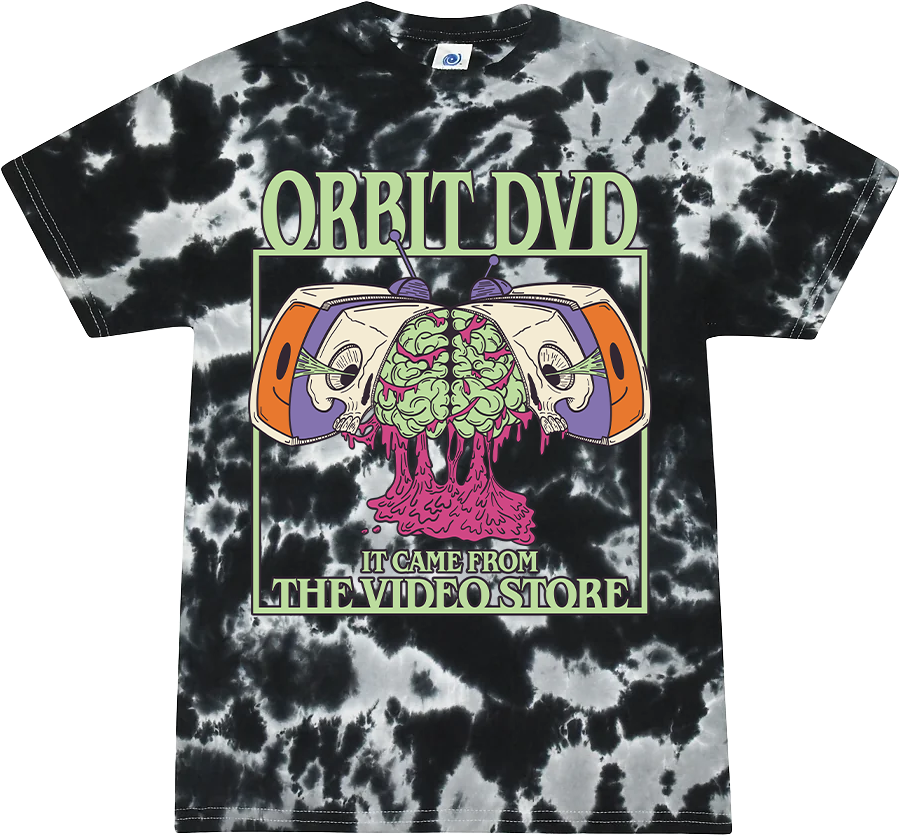 Black and white tie-dye t-shirt featuring a green and orange Orbit DVD Halloween graphic with a skull and brain design.