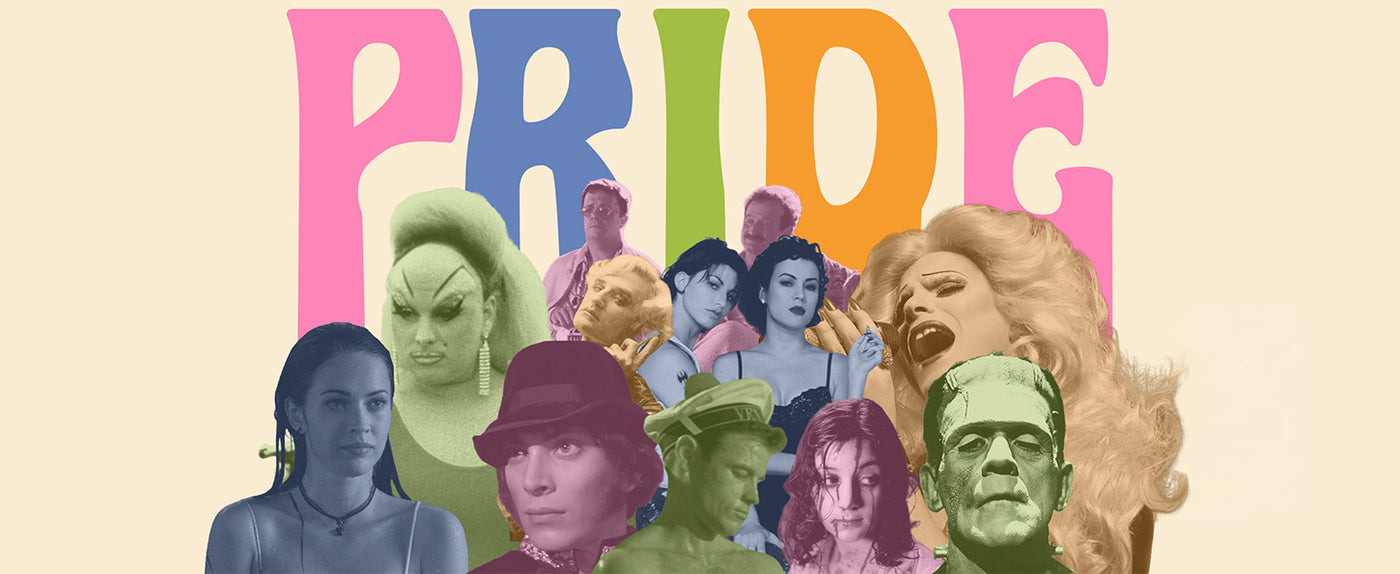 Collage of various characters with the word 'PRIDE' in colorful letters on a beige background