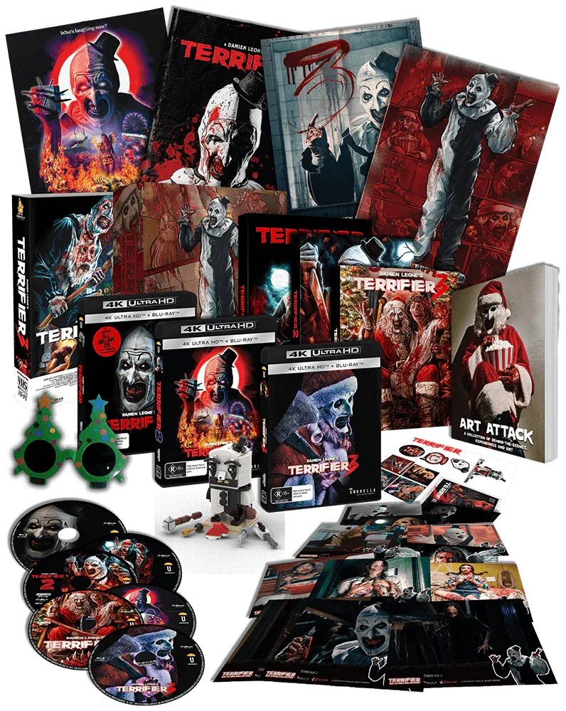 Art Attack: Terrifier Collector's Edition Box Set (4K UHD, 4 Movies + Slipcases + Book + Brick Set + VHS + Sunglasses, Region Free) *see note