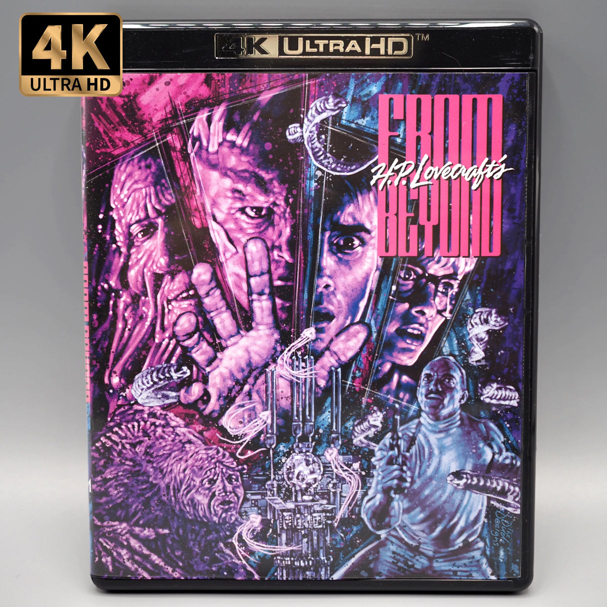 4K Ultra HD Blu-ray cover for the horror film 'From Beyond', featuring artwork with pink and black tones, character Portraits, and the title in bold letters.