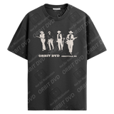 Charcoal grey cotton-blend t-shirt featuring a white graphic of four figures and Orbit DVD Asheville, NC branding.