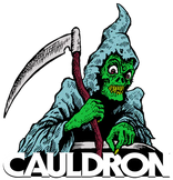 Green goblin holding a scythe with 'CAULDRON' text below on a white background