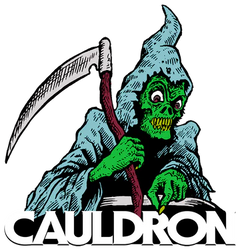 Green goblin holding a scythe with 'CAULDRON' text below on a white background