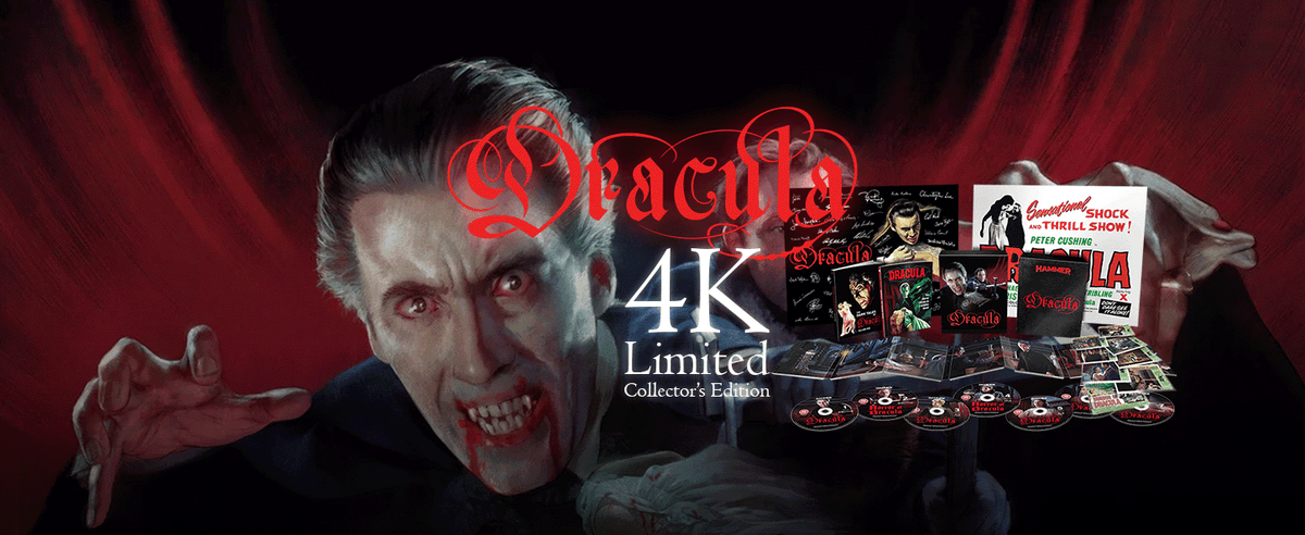 Dracula 4K Limited Collector's Edition cover art featuring a dramatic portrait of Dracula with red blood on his face, large hands, and a collection of illustrated cards and a book displayed on the right against a dark red curtain background.