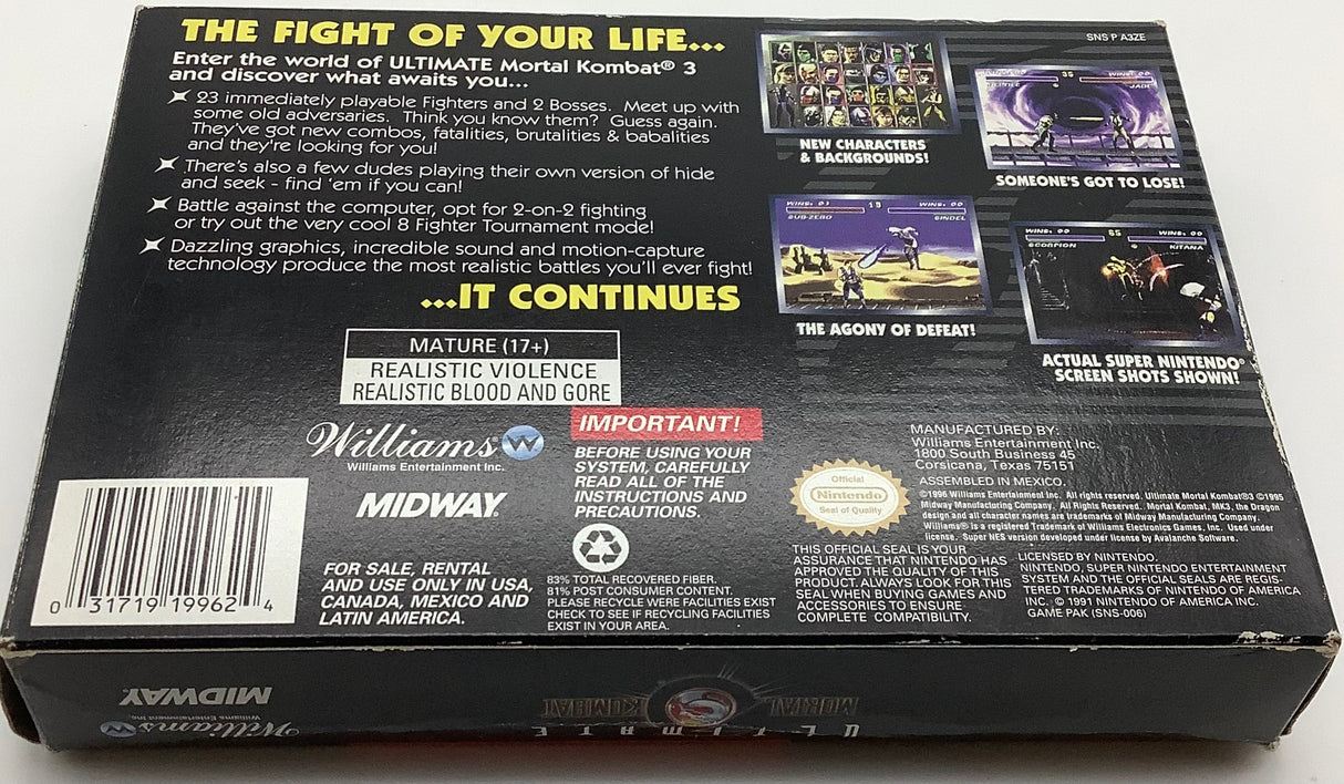 Ultimate Mortal Kombat 3 Super Nintendo USED