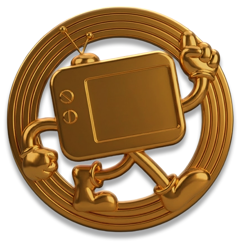 Gold emblem with a television set design on a white background