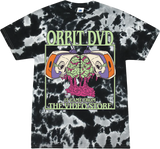 Black and white tie-dye t-shirt featuring a green and orange Orbit DVD Halloween graphic with a skull and brain design.