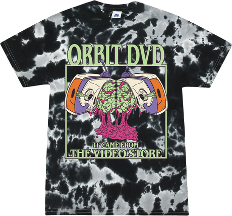 Black and white tie-dye t-shirt featuring a green and orange Orbit DVD Halloween graphic with a skull and brain design.