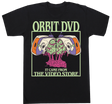 Black cotton t-shirt featuring a green and purple Orbit DVD Halloween graphic of a skull and brain in a TV set.