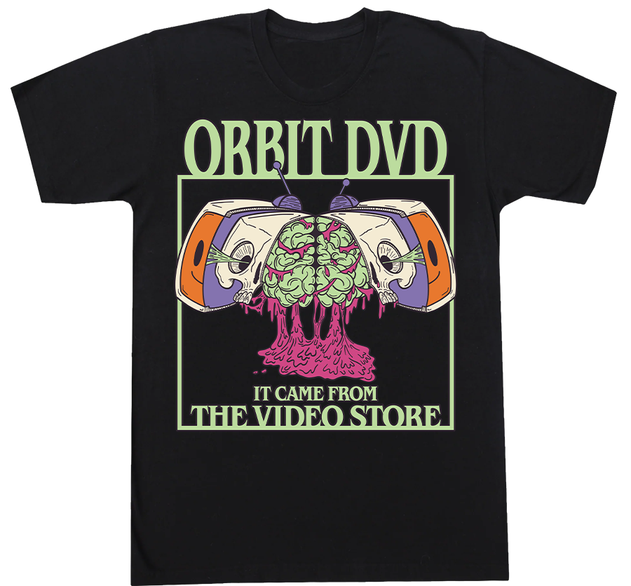 Black cotton t-shirt featuring a green and purple Orbit DVD Halloween graphic of a skull and brain in a TV set.