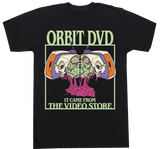 Black cotton t-shirt featuring a green and purple Orbit DVD Halloween graphic of a skull and brain in a TV set.