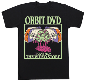 Black cotton t-shirt featuring a green and purple Orbit DVD Halloween graphic of a skull and brain in a TV set.