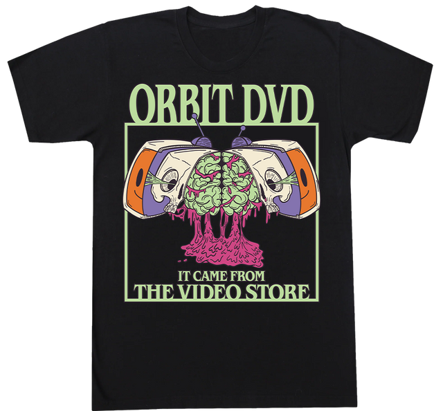Black cotton t-shirt featuring a green and purple Orbit DVD Halloween graphic of a skull and brain in a TV set.