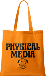 Pumpkin-orange heavyweight cotton canvas tote bag with black Physical Media text and a cute Orbit DVD mascot graphic.