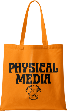 Pumpkin-orange heavyweight cotton canvas tote bag with black Physical Media text and a cute Orbit DVD mascot graphic.