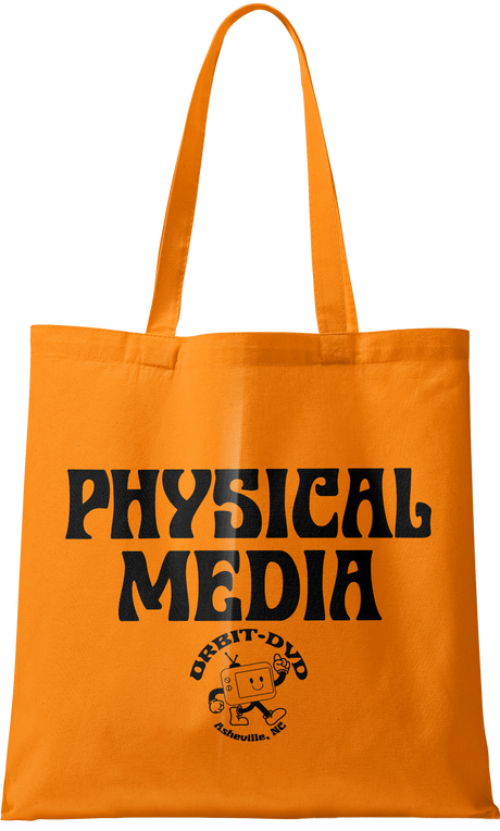 Pumpkin-orange heavyweight cotton canvas tote bag with black Physical Media text and a cute Orbit DVD mascot graphic.
