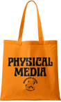 Pumpkin-orange heavyweight cotton canvas tote bag with black Physical Media text and a cute Orbit DVD mascot graphic.