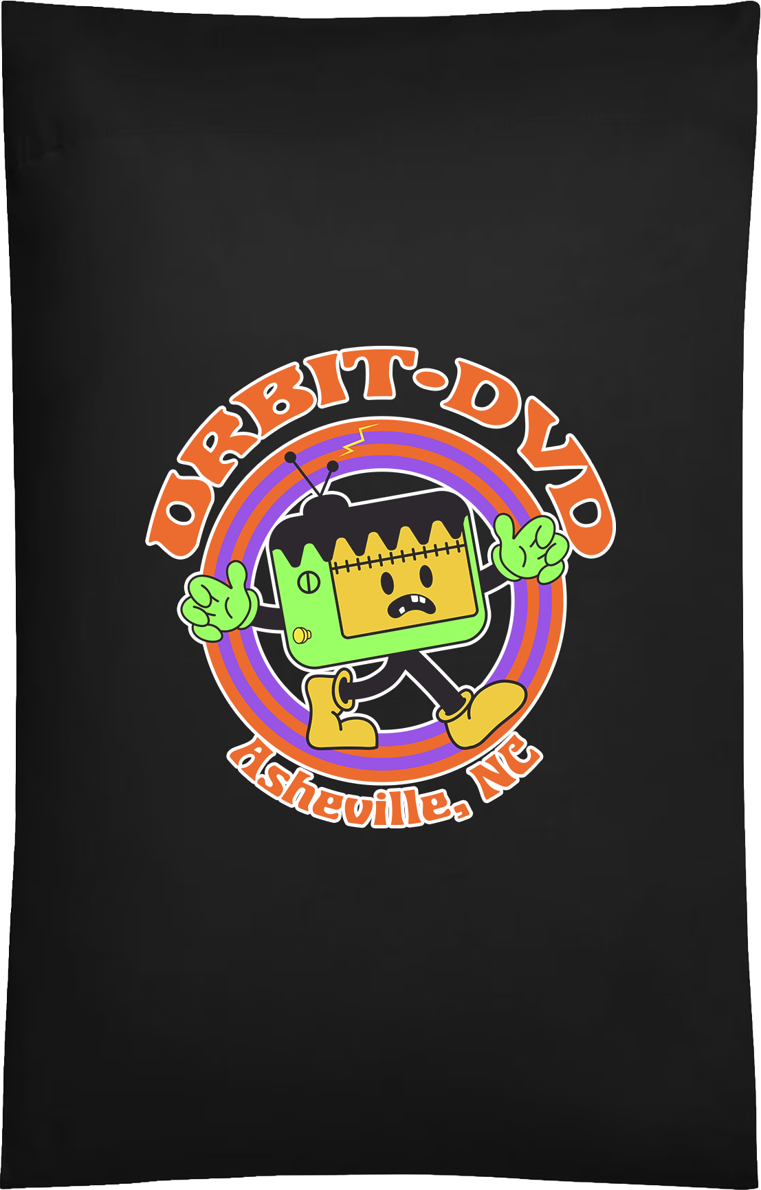Black 20x36 cotton-blend pillowcase featuring a green Frankenstein-style TV character graphic with orange and purple rings.