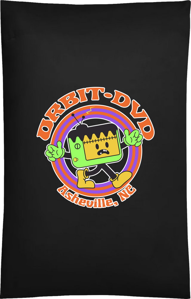 Black 20x36 cotton-blend pillowcase featuring a green Frankenstein-style TV character graphic with orange and purple rings.