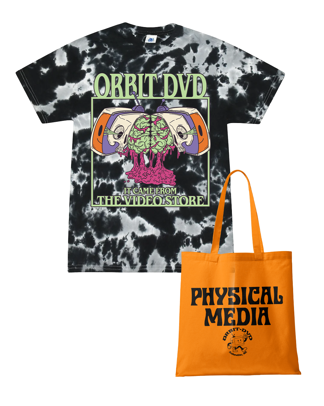 Black and white tie-dye t-shirt with Orbit DVD graphic and orange Physical Media tote bag bundle.