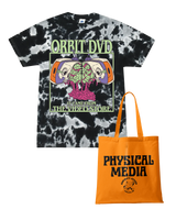 Black and white tie-dye t-shirt with Orbit DVD graphic and orange Physical Media tote bag bundle.