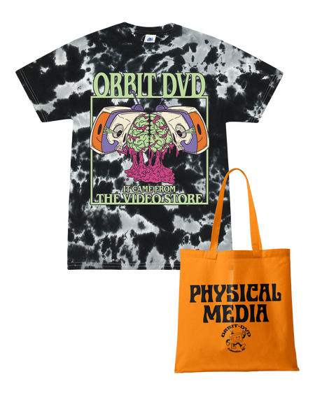 Black and white tie-dye t-shirt with Orbit DVD graphic and orange Physical Media tote bag bundle.