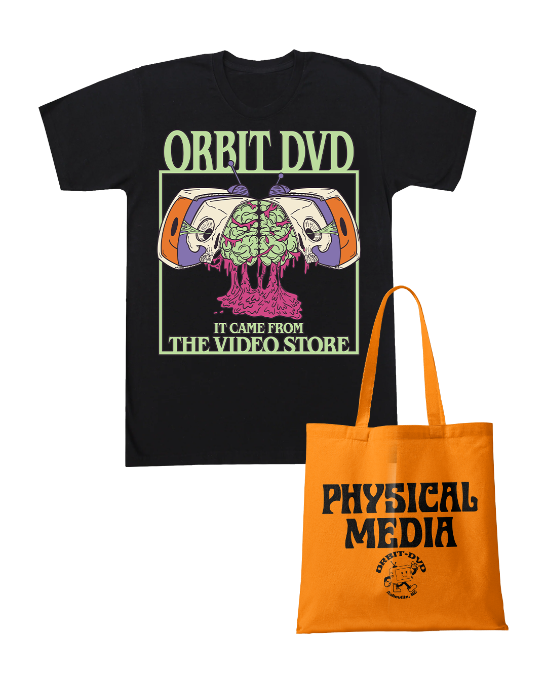 Black cotton t-shirt with Orbit DVD horror graphic paired with an orange Physical Media tote bag.