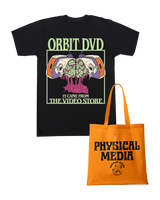 Black cotton t-shirt with Orbit DVD horror graphic paired with an orange Physical Media tote bag.