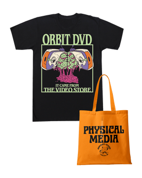 Black cotton t-shirt with Orbit DVD horror graphic paired with an orange Physical Media tote bag.