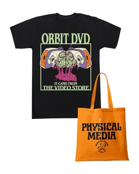 Black cotton t-shirt with Orbit DVD horror graphic paired with an orange Physical Media tote bag.