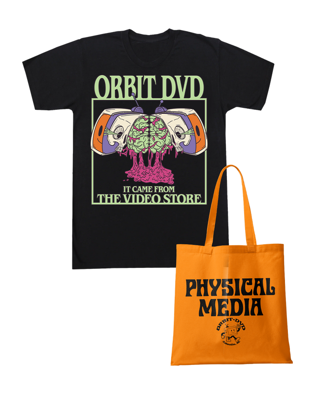 Black cotton t-shirt with Orbit DVD horror graphic paired with an orange Physical Media tote bag.
