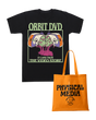 Black cotton t-shirt with Orbit DVD horror graphic paired with an orange Physical Media tote bag.