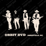Black t-shirt featuring a white, high-contrast graphic of four cowboys with the text Orbit DVD and Asheville, NC.