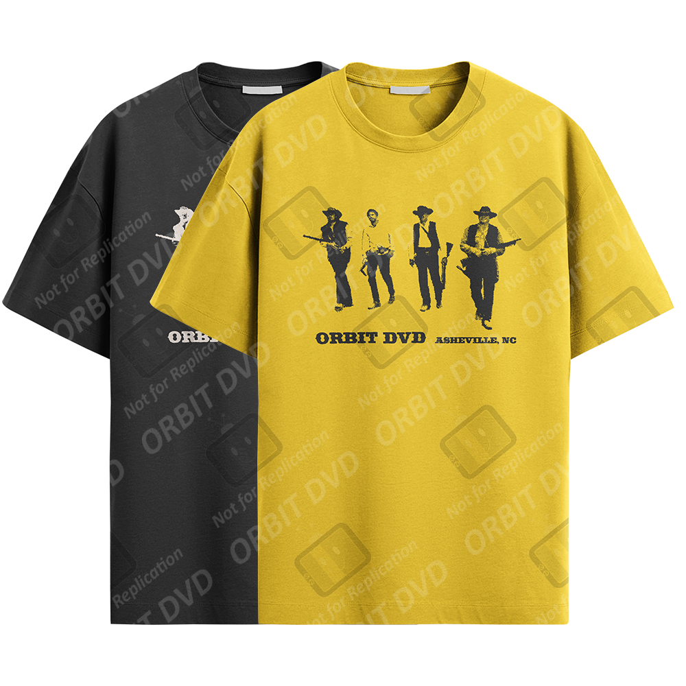 Yellow and black cotton-blend t-shirts featuring The Wild Bunch graphic print and Orbit DVD Asheville, NC branding.