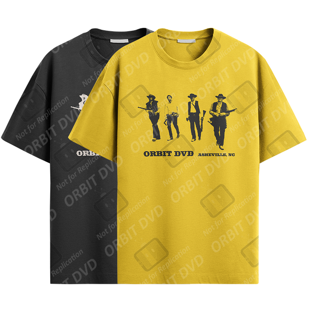 Yellow and black cotton-blend t-shirts featuring The Wild Bunch graphic print and Orbit DVD Asheville, NC branding.