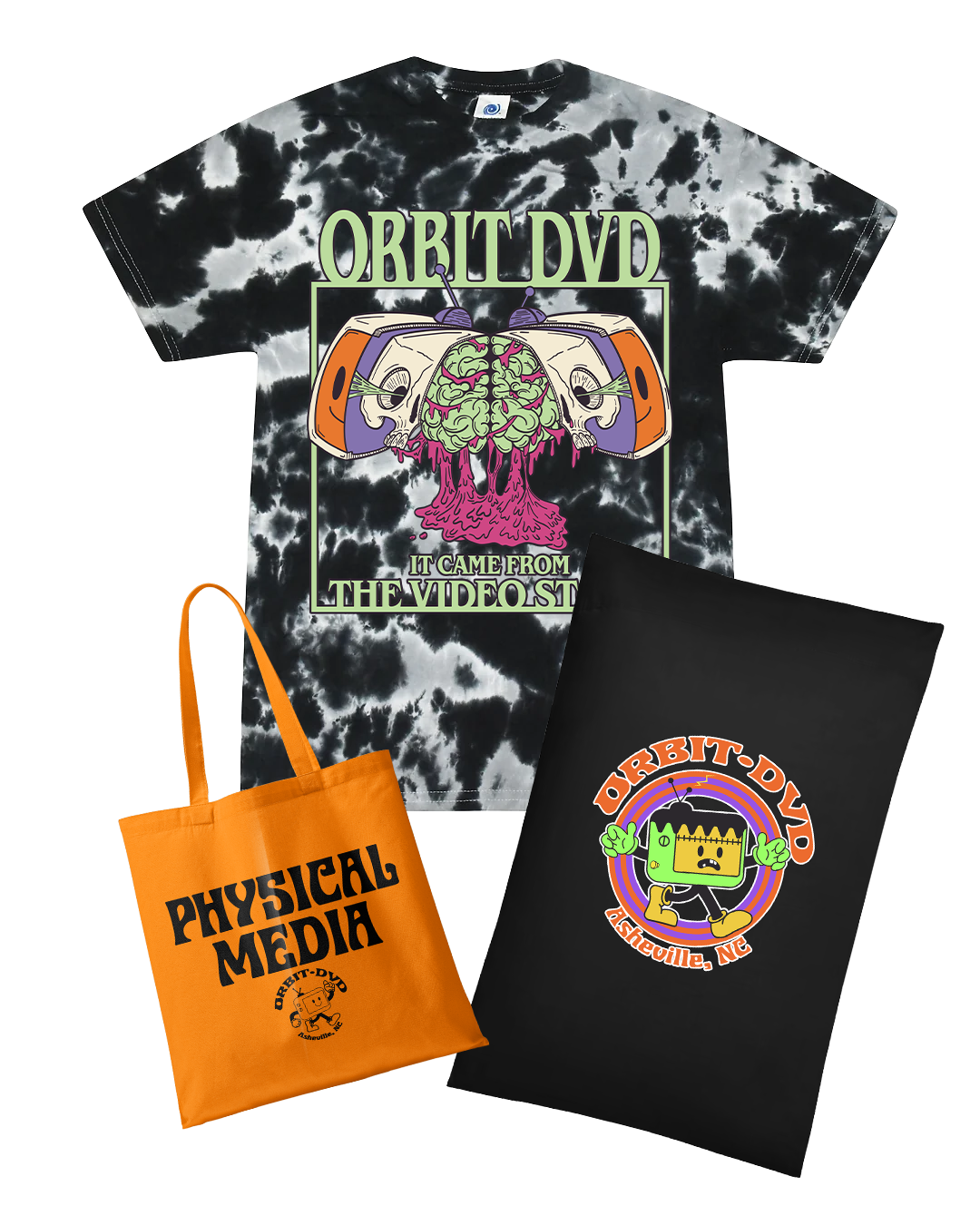 Orbit DVD Halloween bundle with a black tie-dye graphic t-shirt, orange Physical Media tote bag, and black pillowcase.