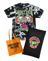 Orbit DVD Halloween bundle with a black tie-dye graphic t-shirt, orange Physical Media tote bag, and black pillowcase.