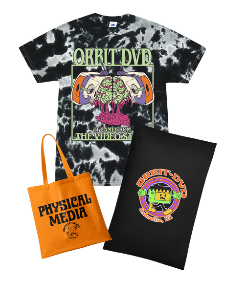 Orbit DVD Halloween bundle with a black tie-dye graphic t-shirt, orange Physical Media tote bag, and black pillowcase.