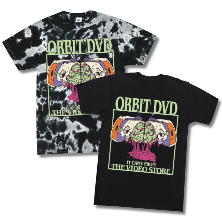 Orbit DVD Halloween t-shirts in solid black and black-and-white tie-dye with a graphic brain and video store print.
