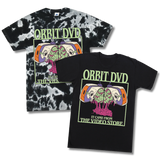 Orbit DVD Halloween t-shirts in solid black and black-and-white tie-dye with a graphic brain and video store print.