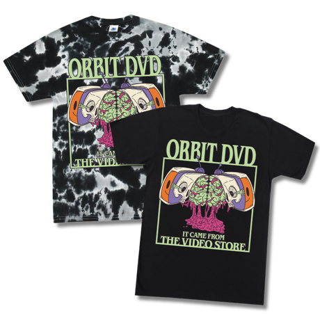 Orbit DVD Halloween t-shirts in solid black and black-and-white tie-dye with a graphic brain and video store print.