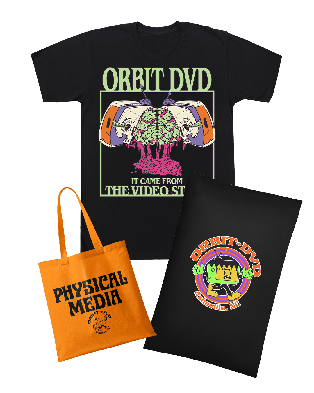 Halloween 2026 bundle featuring a black Gorebi graphic t-shirt, an orange Physical Media tote bag, and a black pillowcase.