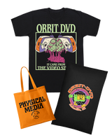 Halloween 2026 bundle featuring a black Gorebi graphic t-shirt, an orange Physical Media tote bag, and a black pillowcase.
