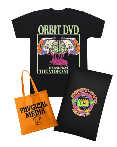 Halloween 2026 bundle featuring a black Gorebi graphic t-shirt, an orange Physical Media tote bag, and a black pillowcase.