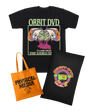 Halloween 2026 bundle featuring a black Gorebi graphic t-shirt, an orange Physical Media tote bag, and a black pillowcase.