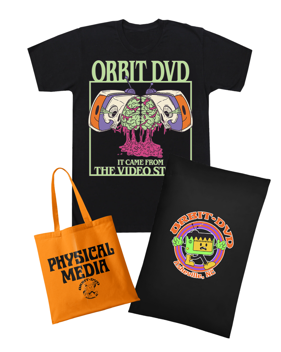 Halloween 2026 bundle featuring a black Gorebi graphic t-shirt, an orange Physical Media tote bag, and a black pillowcase.
