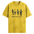 Mustard yellow cotton-blend t-shirt featuring a black graphic of four cowboys and Orbit DVD Asheville, NC branding.