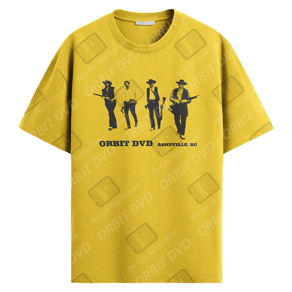 Mustard yellow cotton-blend t-shirt featuring a black graphic of four cowboys and Orbit DVD Asheville, NC branding.